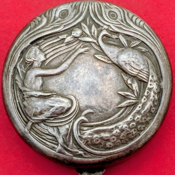 Antique Accessories - Antique Art Nouveau Sterling Silver Lady & Bird Pill/Trinket Box